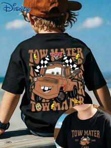 Disney Kids Clothes Short Sleeve Tee For 4‑14Y Boys Girls, Fun Tow Mater Racing Flag Letter Graphic Print For Daily Play School Party Express Delivery - 黑色 - 查看 1