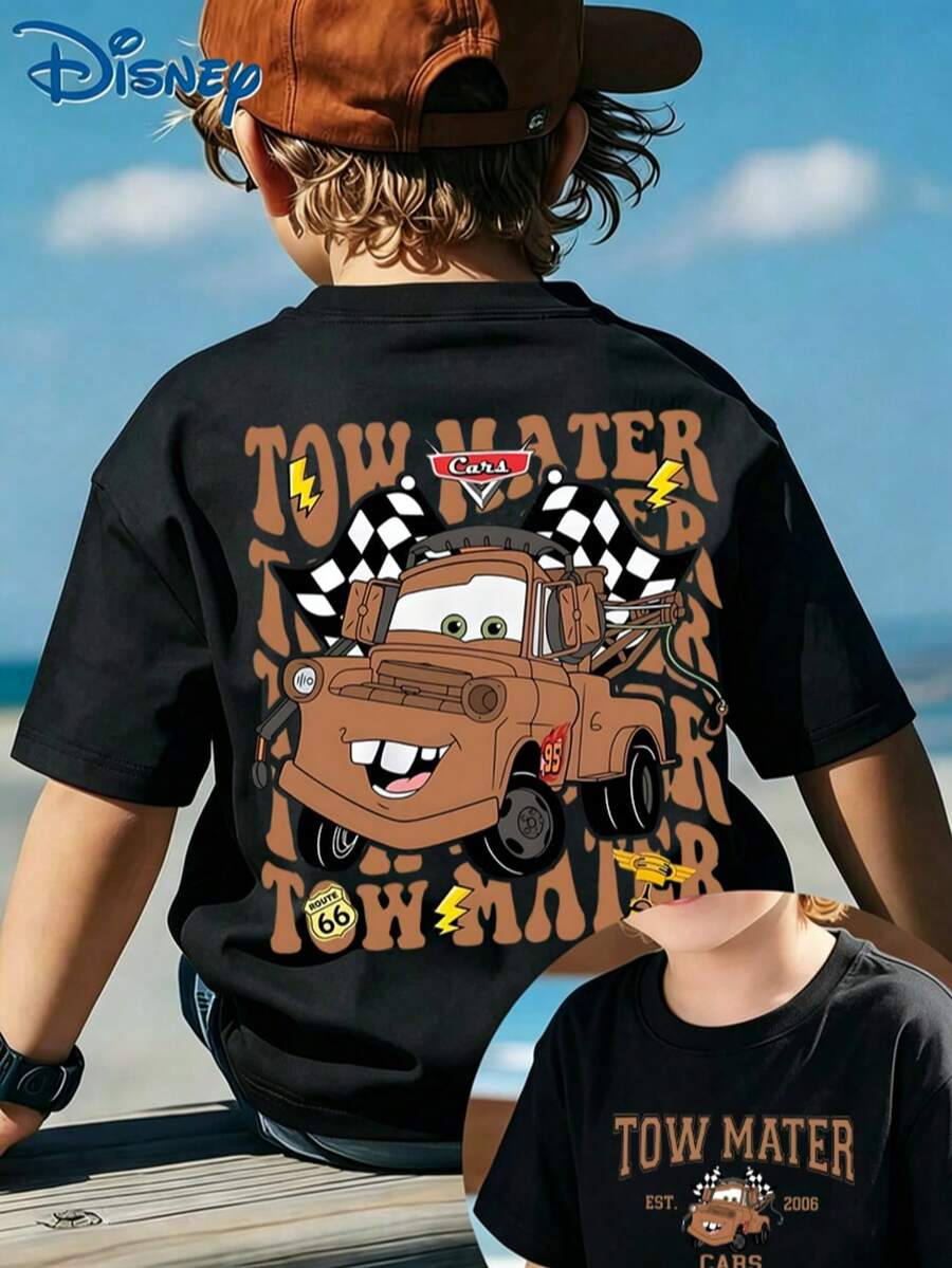Disney Kids Clothes Short Sleeve Tee For 4‑14Y Boys Girls, Fun Tow Mater Racing Flag Letter Graphic Print For Daily Play School Party Express Delivery - 黑色 - 查看 1
