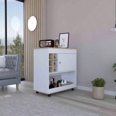 Camelia Bar Cart, Lower Panel, Six Bottle Cubbies, One Cabinet -Light Oak/ White