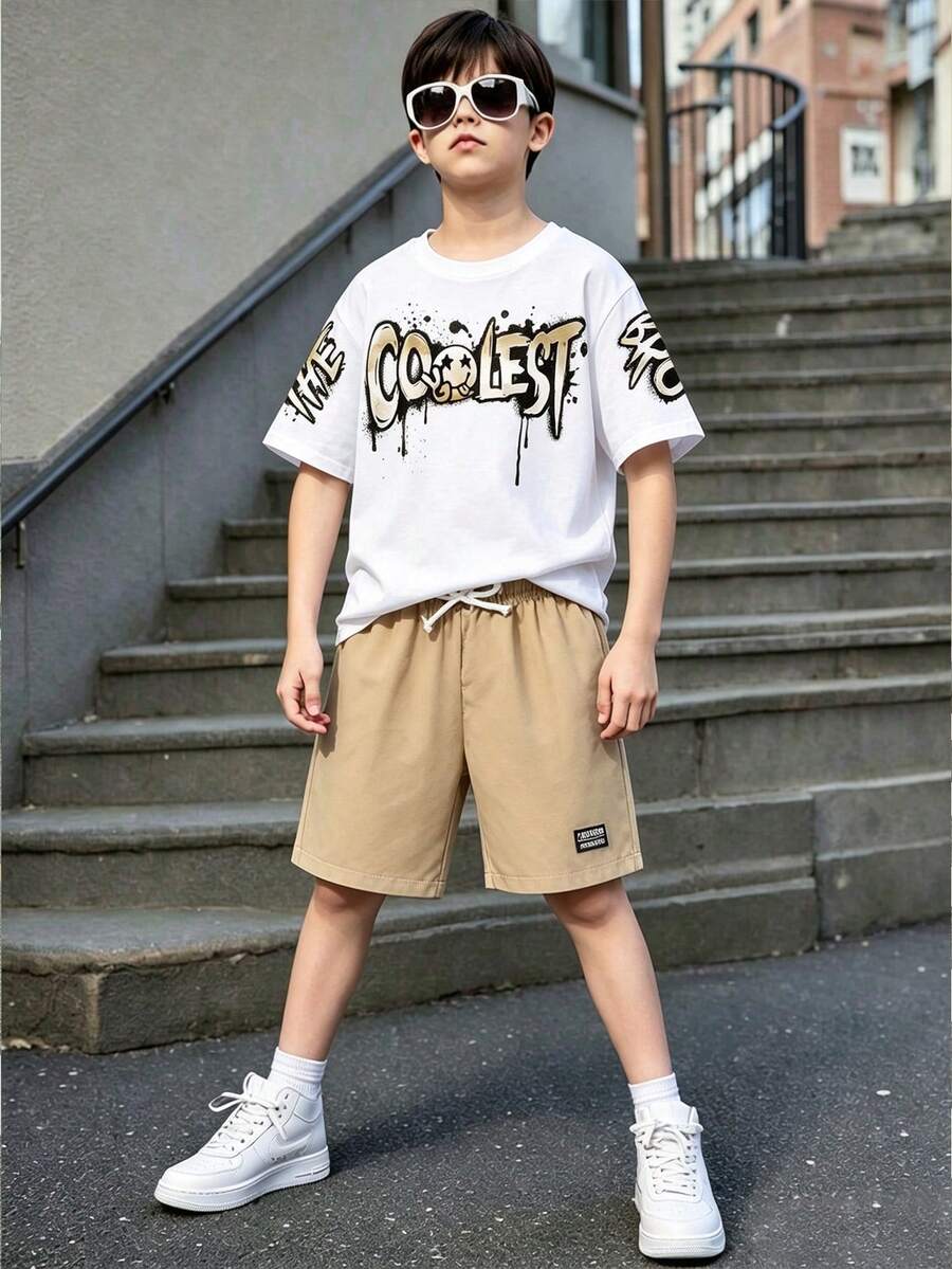 Tween Boys Letter Print Short Sleeve T-Shirt And Shorts Set - Khaki - View 1