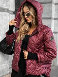 Women's Hooded Diamond Quilted Short Jacket, Ribbed Cuff Patchwork, Solid Color Loose Casual Outerwear - Red - View 1