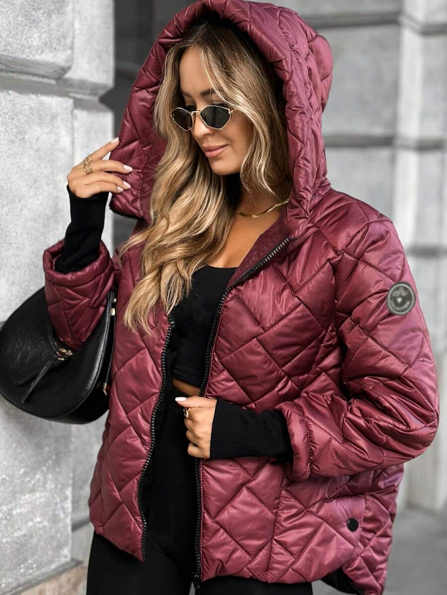Women's Hooded Diamond Quilted Short Jacket, Ribbed Cuff Patchwork, Solid Color Loose Casual Outerwear - Red - View 1