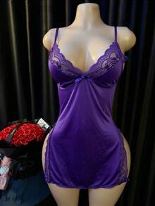 Women's Solid Color Contrast Lace Side Slit Hem Sexy Cami Dress - Purple - View 3