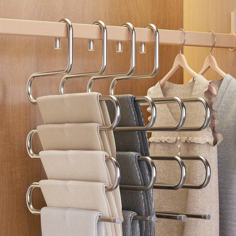 5-Tier Silver Stainless Steel Pants Rack - S-Shaped, Non-Slip, Space-Saving Multi-Layer Jeans And Trousers Storage Rack, Closet Storage Solution, Neat Closet Organization, Closet Accessories, S-Shaped Hanger, Durable Construction, Hanger, Suitable For Back To School Season, Back To School Gift