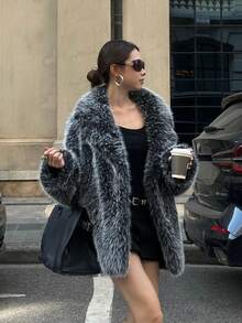New Popular Autumn/Winter Women's Luxury Oversized Super Loose Faux Fur Coat With Lapel, Extra Long Sleeves Warm Winter Jacket, Essential Glamorous Winter Piece - White-tipped - View 3