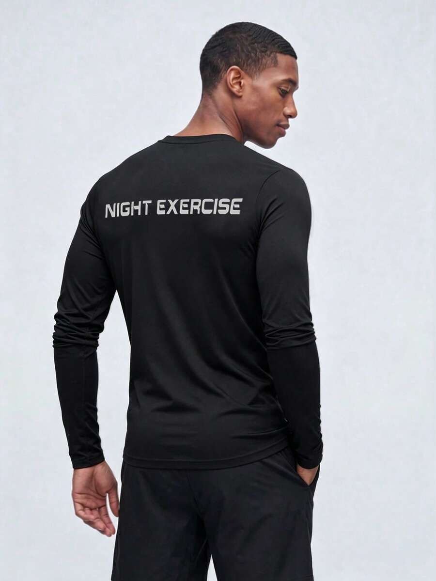 mulinsen Men's Letter Print Raglan Sleeve Quick-Dry Long Sleeve T-Shirt, Slim Fit Fitness Running Sports Base Layer Top - Black - View 1