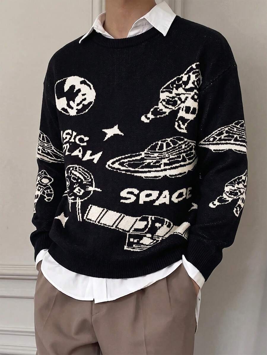 Teen Boys Soft Space Element Pattern Colorblock Design Sweater, Casual Loose Round Neck Knit Pullover - Black - View 1