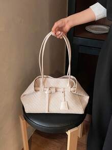 Grass Green Woven Texture Women's Tote Bag, High-End Large Capacity Shoulder Underarm Commuter Versatile Bag - White - View 3