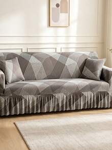 1pc Printed Hem Full Coverage Elastic Sofa Cover, Geometric Pattern, Dust-Proof & Stain-Resistant, Stretchable One-Piece Full Coverage Sofa Protector, Living Room Home Decor, Machine Washable & Hand Washable - Grey - View 8