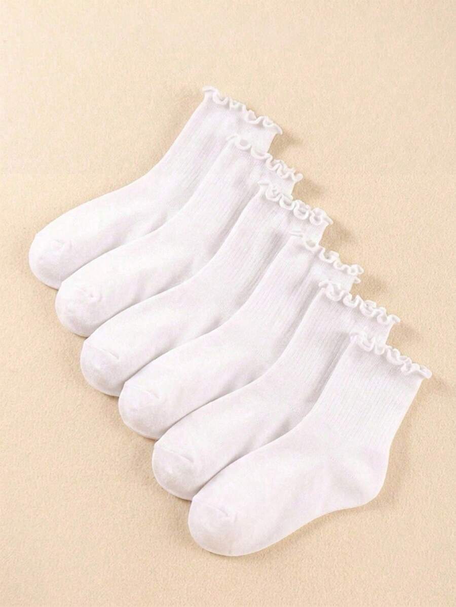 1/5/10 Pairs Women's White Ruffle Mid-Calf Socks, Breathable Elastic Non-Constricting, Cute Sweet Versatile Ruffle Socks - White - View 1