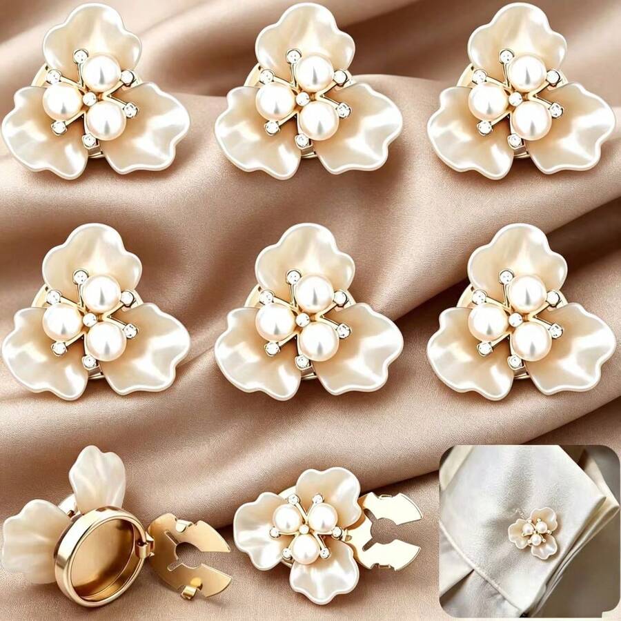 6pcs Pearl Sequin Shirt Button Covers, No-Sew Flower Snap Button Covers, Suitable For Women's Wedding Spring Clothing DIY Decoration Accessories