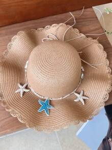 1pc Women's Bohemian Woven Wide Brim Straw Hat, Decorated With Starfish And Shells, Fashionable For Daily Outings, Breathable Straw Hat - Multicolor - View 7