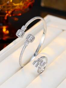 1 Set Women's Fashion Luxury Open Cuff Bracelet & Ring 2pcs Set, Square Copper Zirconia Inlaid, Party & Daily Wear Accessories, Gift - Jewelry Set - View 2
