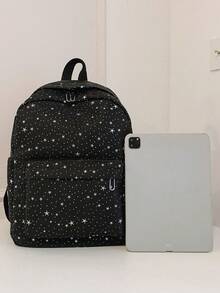 1 pieza Mochila de nailon de gran capacidad para estudiantes, mochila universitaria con diseño minimalista de estrella, mochila de nailon, mochila de viaje - Negro - Ver 2
