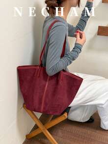 1pc Large Capacity Beach Tote Bag With Pendant, Casual Vacation Style Shoulder Bag - Burgundy - View 3