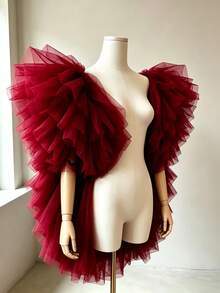1pc Burgundy Sheer Tulle Shoulder Shawl Fairycore Bridal Mesh Wrap Elegant Cape For Wedding Evening Party Halloween Cosplay Stage Photoshoot - Burgundy - View 5