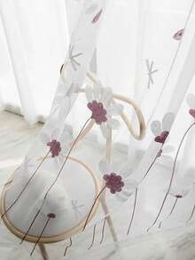 1PC Korean Style Gentle Daisy Embroidered Sheer Curtain Rod Pocket Falling Petals Dragonfly Pattern Decorative Sheer Window Curtain - Multicolor - View 1