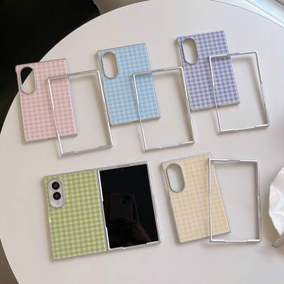 Macaron Colorful Plaid Detachable Case For Galaxy Z Fold3/4/5/6/7/8, Minimalist Silver Edge Contrast Color Foldable Screen Shockproof Phone Protective Cover