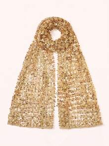 1pc Golden Sparkly Sequin Floral Crochet Hollow Mesh Hijab, Sheer Lace Head Scarf, Muslim Women Glitter Wrap Shawl For Wedding Evening Party - Gold - View 5