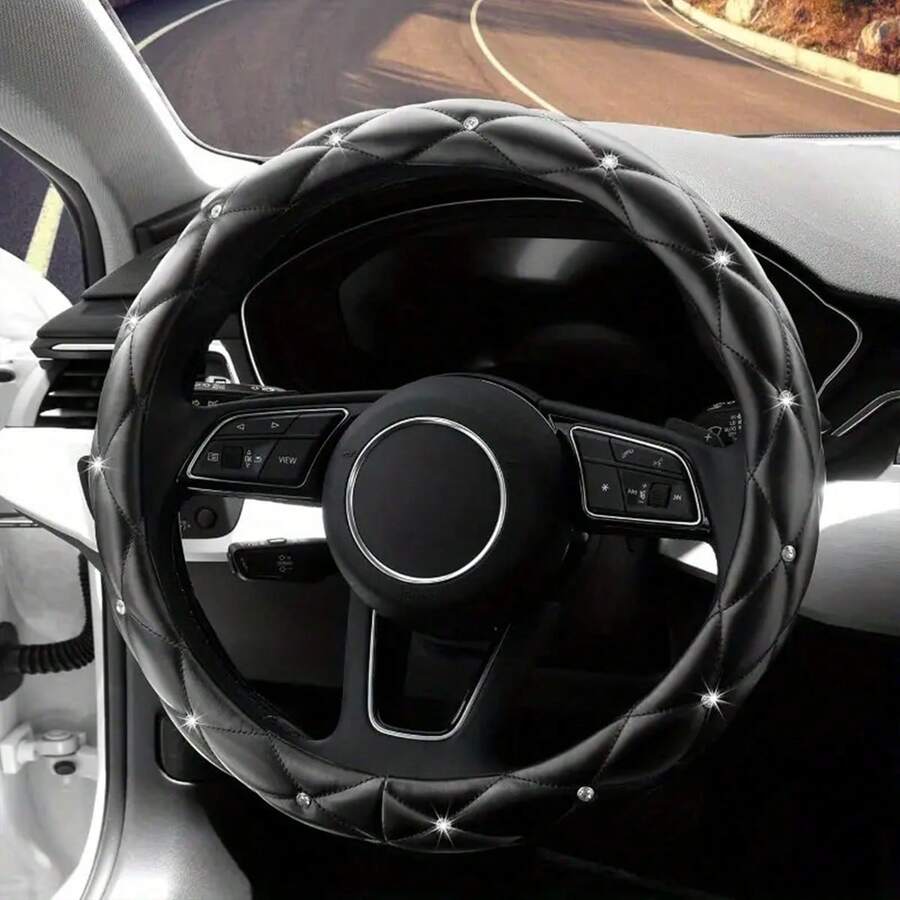 1件人造羊皮軟皮革水鑽閃亮汽車方向盤套,適用於14.5-15英吋圓形方向盤,汽車內飾配件,中性黑色 - A - 查看 1