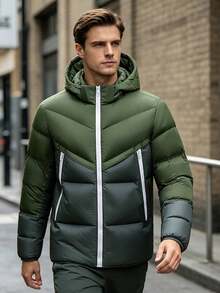 Abrigo acolchado de hombre con capucha, ajuste slim, bloque de color, con cremallera, acolchado térmico guateado, cortavientos, chaqueta de algodón para invierno - Verde militar - Ver 2