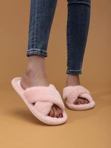 Women's Open Toe Slippers, Solid Color, Elegant Fashionable Fabric Cross Strap, European And American Style, Quiet Home Slippers, All Season - Pink - View 5