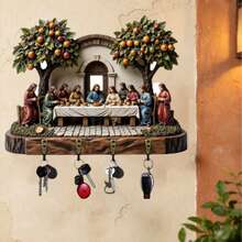Suporte de Chaves Multifuncional de Madeira com Tema Religioso "A Última Ceia", Design Plano 2D, com 4 Ganchos de Metal, Decoração de Parede, Decoração de Entrada, Decoração de Quarto, Decoração de Villa, Decoração de Casa para Todas as Estações - Multicolorido - Visão 4