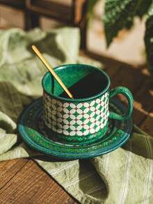 DearDali Set Cangkir dan Piring Keramik 1 Buah, Cangkir Kopi Vintage dengan Desain Pola Geometris, Set Teh Sore, Cangkir Hadiah Artistik, Peralatan Makan Restoran, Mug, Cangkir Hadiah Thanksgiving, Cangkir Dekorasi Meja, Hadiah, Ornamen Dekorasi Rumah - MultiWarna - View 3