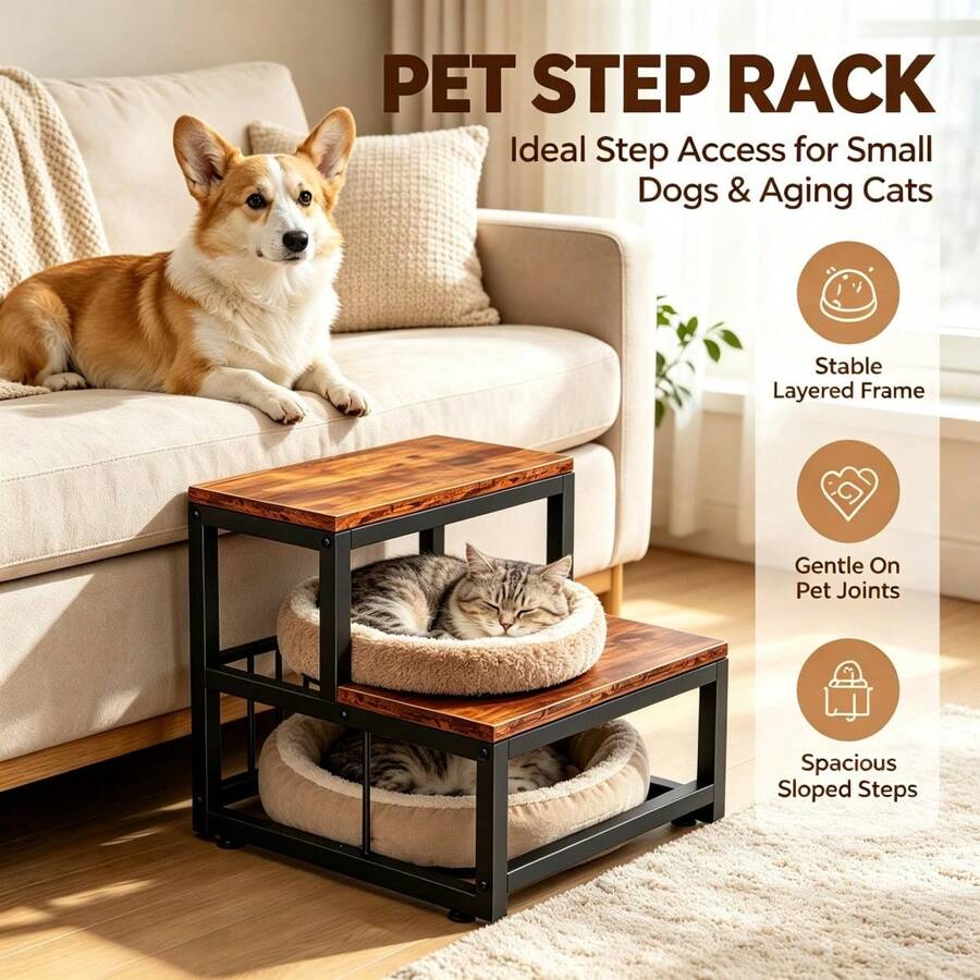 DIY Pet Supplies: Cat Beds, Furniture, Stairs, Steps, And Perches. Suitable For Senior Or Injured Pets And Short-Legged Dogs; Enables Access To Sofas, Beds, And Windowsills. For Indoor Use. Great For Christmas, Halloween, Or Easter Gifts. - Two-step Solid Wood Cat Stairs With Back Support - View 1