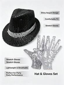 2pcs Halloween Pop Style Costume Set, Includes Black Hat And Sequin C-Pop Rock Star, Pop Singer - Multicolor - View 6