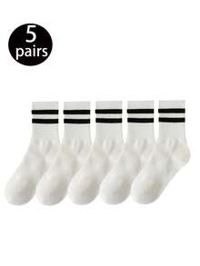 24 Pairs/20 Pairs/18 Pairs/15 Pairs/10 Pairs/6 Pairs/4 Pairs/2 Pairs/1 Pair Black And White Striped Thick Mid-Calf Socks, Comfortable And Breathable Business Casual Socks. Shark Series Soft, Lightweight, Odor-Resistant Unisex Sports Socks, Warm For Autumn And Winter - Multicolor - View 25