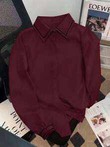 Women's Casual Versatile Contrast Trim Shirt - Burgundy - View 6
