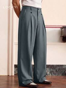 1pc Men's Spring/Autumn Korean Style College Stripe Button Straight Leg Wide Leg Casual Long Pants - Multicolor - View 3