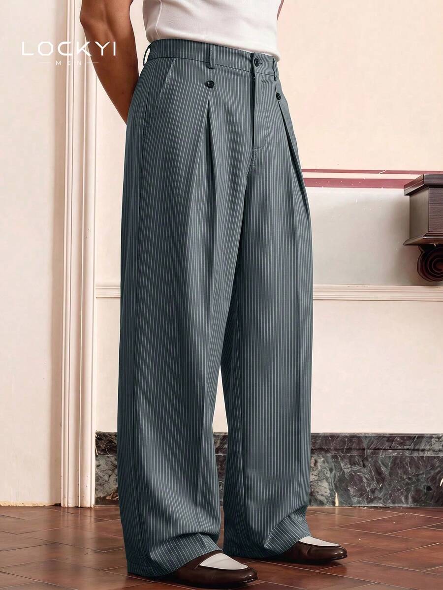 Men's Striped Pleated Casual Wide Leg Draped Versatile Long Pants - Multicolor - View 1
