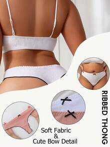 Rosiemei 5pcs Plus Size Women's Ribbed Low Waist Front Bow Thong , Comfortable Triangle G-String Soft T-Back Elastic Panties - Multicolor - View 4
