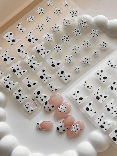 1pc 5D Full Cover Nail Stickers, Stereo Relief Self-Adhesive Minimalist Black White Spot Star Nail Wraps, Waterproof Durable Clean Girl Aesthetic Nail Art Decals, DIY Manicure For Office Work & Casual Daily Wear