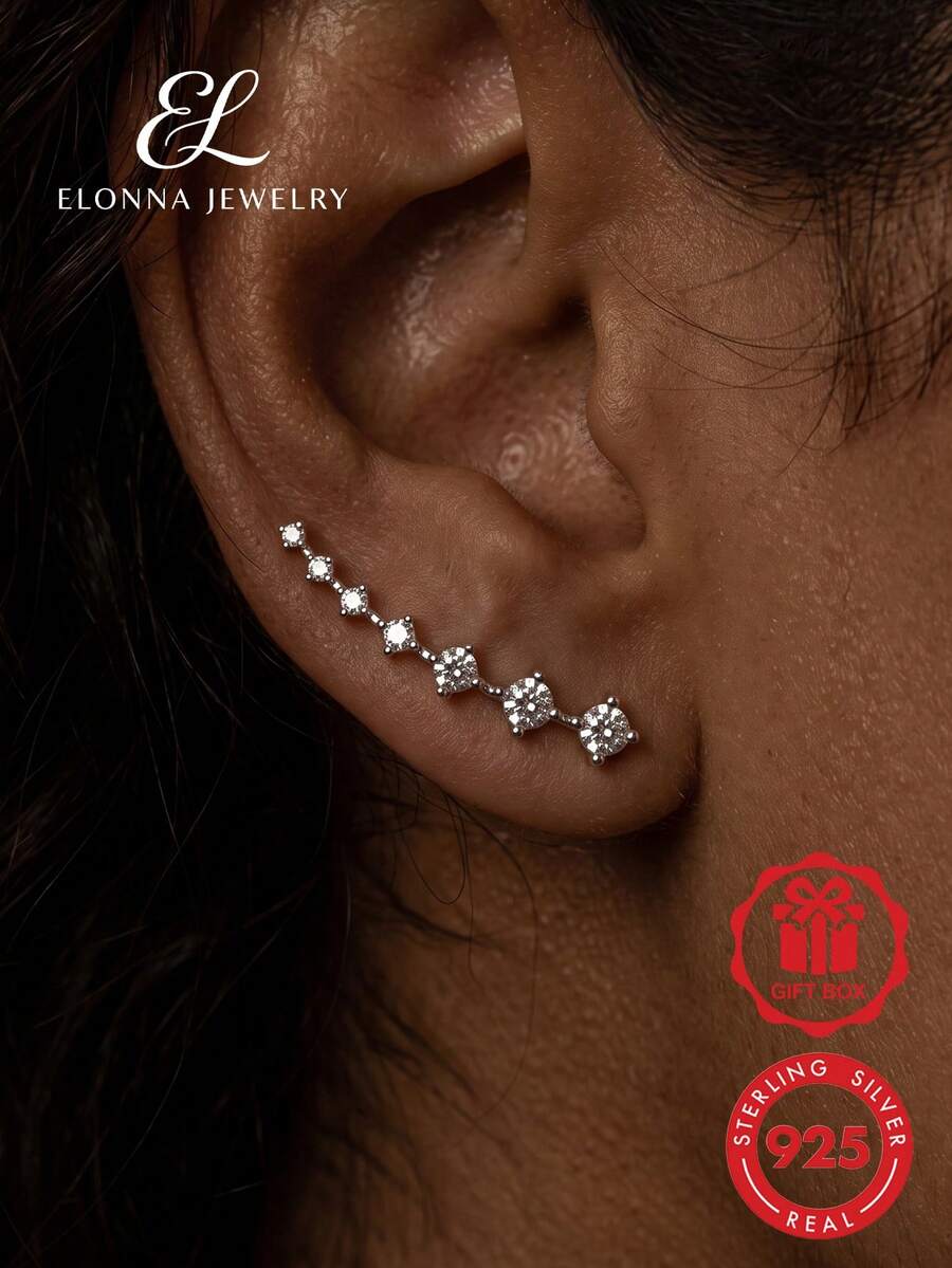SYMFNY 1 Pair Affordable Luxury 925 Sterling Silver Double Row Earrings, Inlaid With Exquisite Cubic Zirconia Gemstones - Silver - View 1