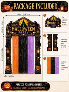 5pcs Halloween Door Decor Set, Halloween Party Entrance Arch Banner With Foil Fringe Curtain, Porch Sign Banner, Hanging Rope, Polyester Haunted House Doorway Backdrop, Suitable For Indoor/Outdoor Party Porch Yard Photo Booth Decoration - View 10