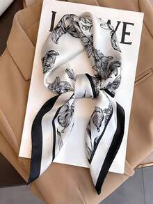1pc Premium White Floral Print Long Ribbon Scarf, Vintage Artistic Style Square Scarf For Suit Matching And Tie Decoration - Multicolor - View 1
