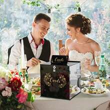 Premium Black & Gold Cards Wedding Blessing Box, Gold-Rimmed Floral Print Card Storage Box With Lock, Outdoor Wedding Banquet Wish Envelope Storage & Display Gift Box - 1PC - View 3