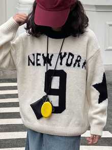 Sweater Leher Bulat Motif Bintang Digital Blok Warna untuk Remaja Perempuan, Pullover Rajut Longgar Kasual - Putih - View 1