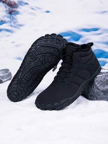 Men's Wide Toe Box Snow Boots, Suitable For Hunting, Snowy Outdoor Walks, Winter Travel, Lace-Up Style, With Plush Lining - Synthetic Leather Upper, PVC Non-Slip Sole, Hiking Boots, Comfortable Fabric Insole - Black - View 2