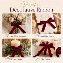 1-4cm 10yd Burgundy Single-Sided Velvet Ribbon, Handmade DIY Hair Accessories, Clothing Bows Supplies; Suitable For Christmas, Halloween, Wedding, New Year, Birthday, Back To School / Graduation Party Decoration, Bouquet Wrapping, Gift Wrapping Ribbon - Burgundy - View 3
