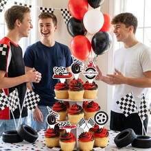 48 PCS Racing Car Cupcake Decorations, Racing Car Cake Decorations, Checkered Theme Cake Decorations For Party, Birthday Party Cake Decorations, Racing Car Cake Toppers Suitable For Various Occasions, Perfect For Sports Events, Racing Car Parties, Themed Birthday Parties And More. Racing Car Cake Decorations Are Also The Perfect Match For Racing Car Party Activities, You Can Pair Them With Racing Car Banners, Racing Car Tablecloths, Racing Car Party Gifts To Make Your Birthday Party Perfect! - Multicolor - View 4