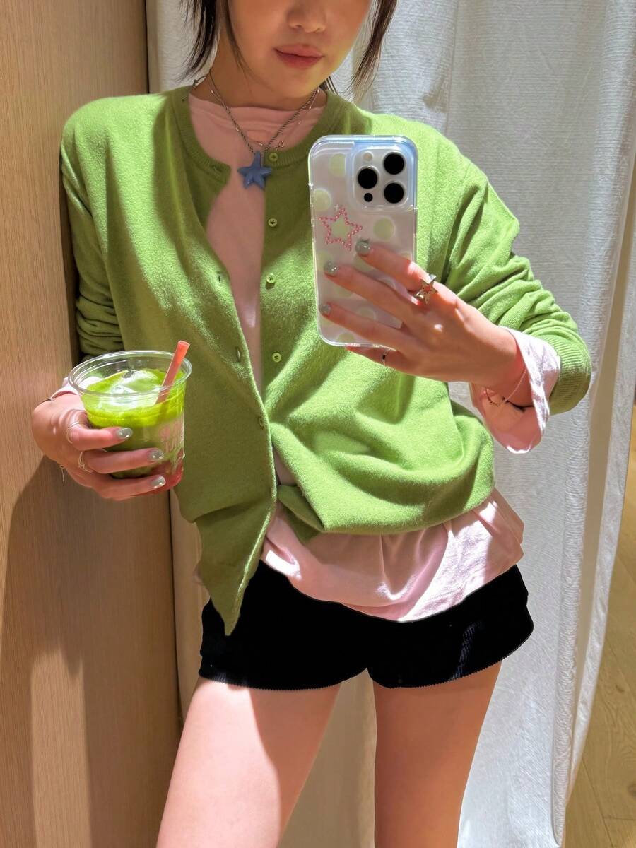1pc Solid Color Knitted Button-Up Cardigan, Office & Campus Style, Autumn/Winter, Avocado Green Fall - Fruit Green - View 1