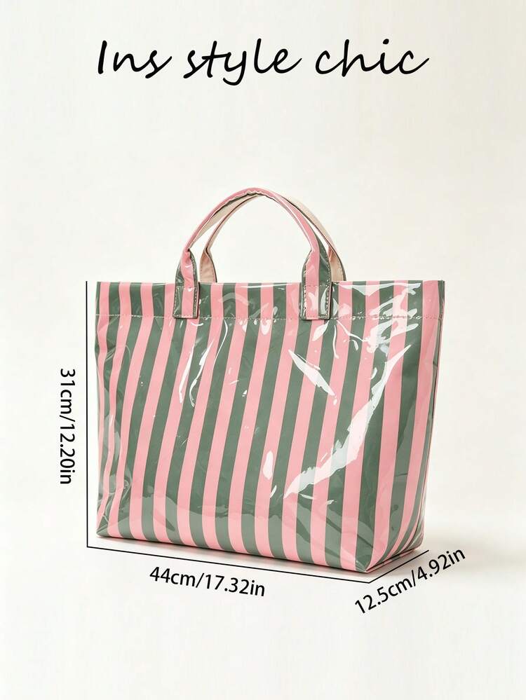 Minimalist Vertical Striped Tote Bag, Open Top, Large Capacity, Simple And Elegant Design, Vertical Stripe Print, Fresh And Timeless, Suitable For Commuting, Work, Storage, Picnic, And Daily Use - Green - View 2