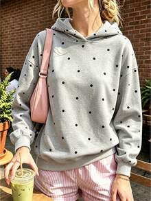 Teen Girls Random Cut Polka Dot All-Over Print Sweatshirt, Fashionable Comfortable New Autumn/Winter Top - Grey - View 2