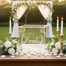 Transparent Acrylic Willow Leaf & Wheat Ear Carved Cards Wedding Greeting Card Storage Box With Metal Lock, Guest Blessing Card Collection Box, Lawn Wedding Engagement Party Birthday Party Sign-In Message Display Box - 1PC - View 2