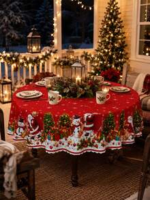 1pc Christmas Tablecloth, Santa Claus, Snowman, Christmas Tree Pattern, Christmas Wreath Design, Rectangular/Oval/Round, Suitable For Christmas Eve Party, Christmas Decoration, New Year Celebration, Living Room, Kitchen Decor - Multicolor - View 9