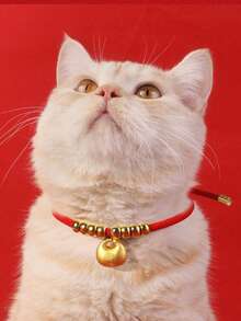 1件红色绳子和金色珠子吉祥铃铛宠物项圈项链，猫狗节日项链，新年宠物吊坠礼物 - 彩色 - 查看 3